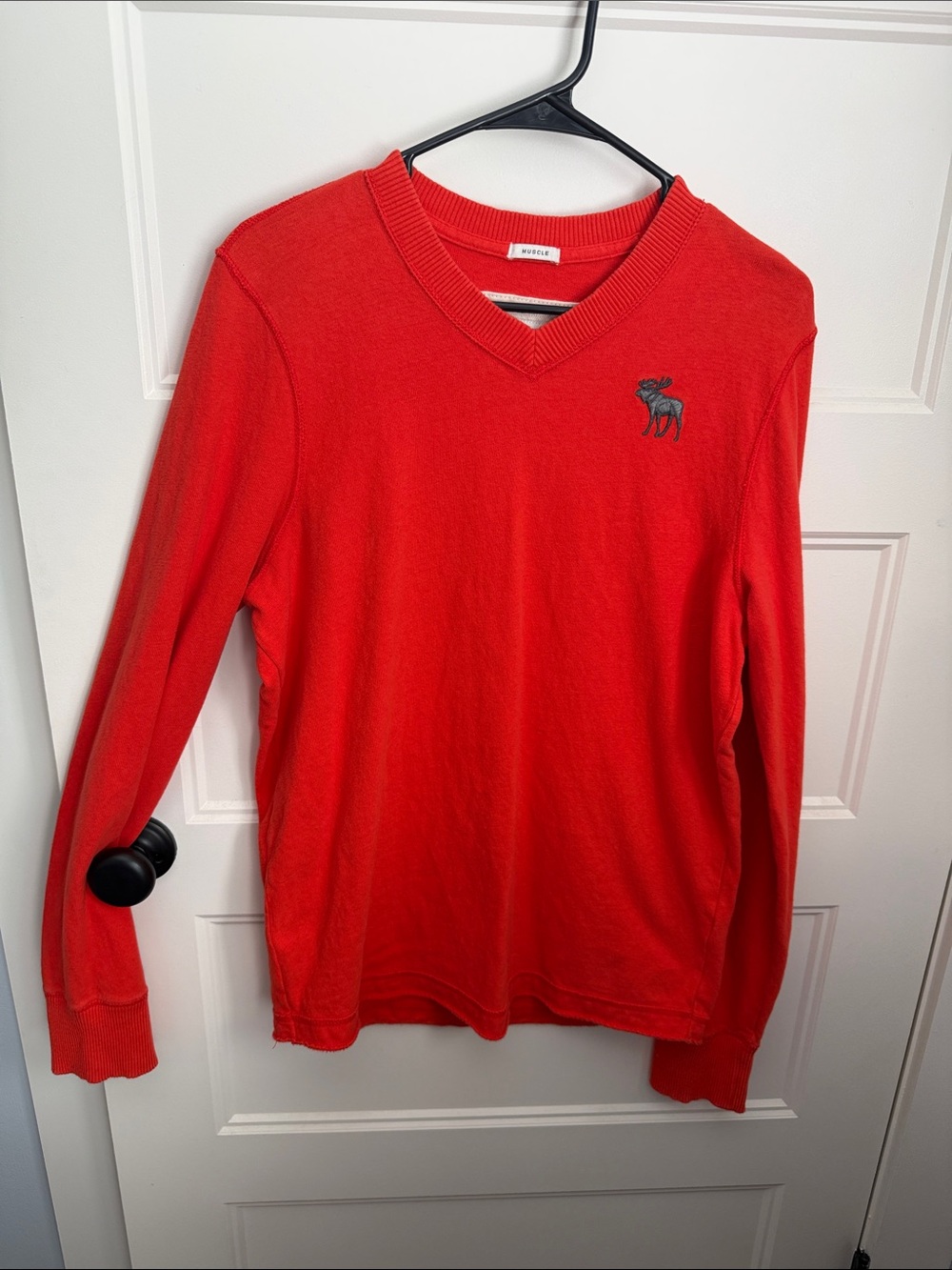 Abercrombie & Fitch Red V-Neck Sweater with Moose Logo
